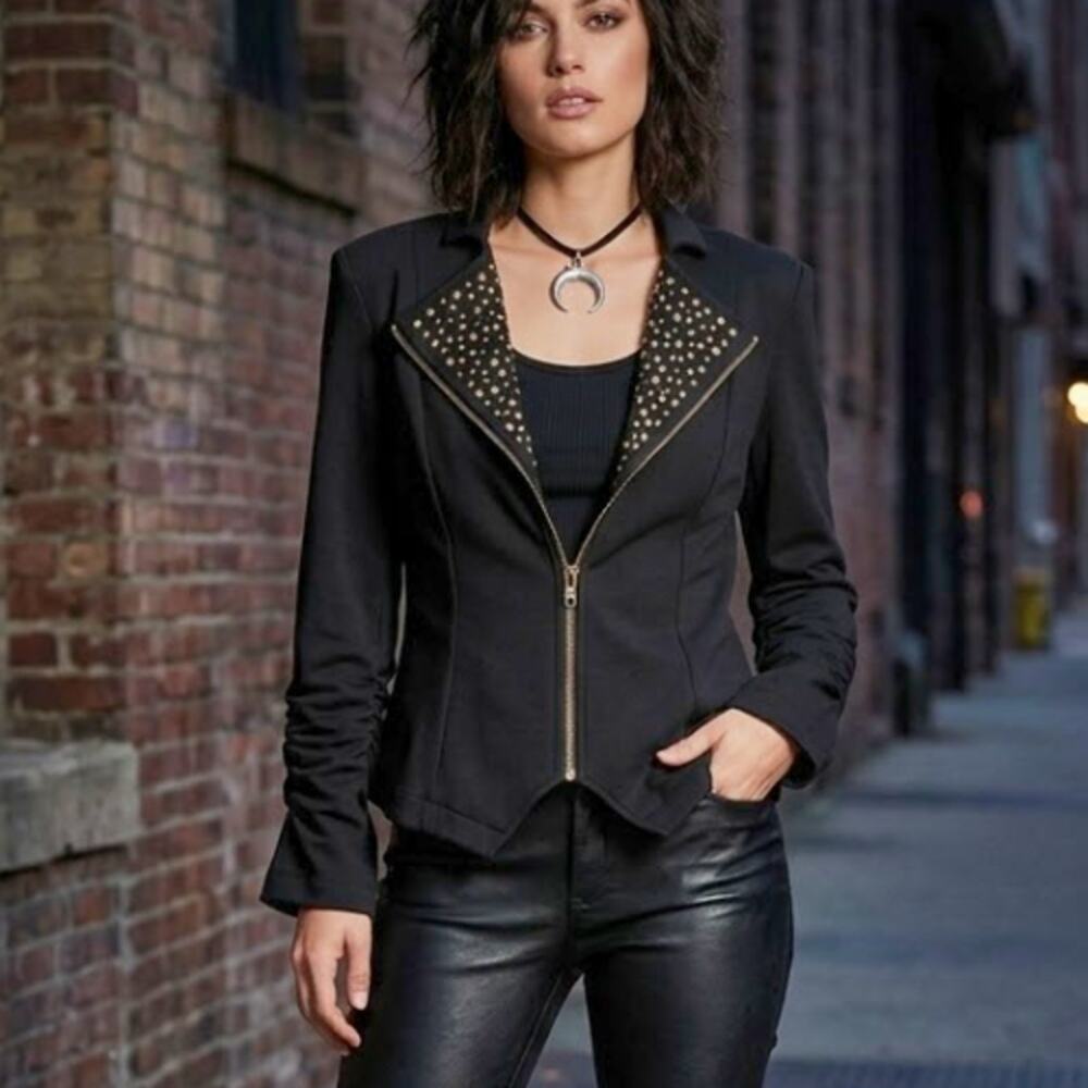 I.N.C. Black Cropped Zip Fleece Lined Studded Jacket M